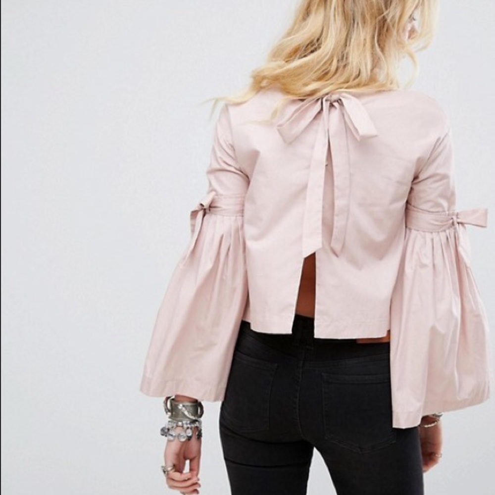 Free People Dusty Pink Bell Sleeve Tie Blouse - Picture 3 of 6